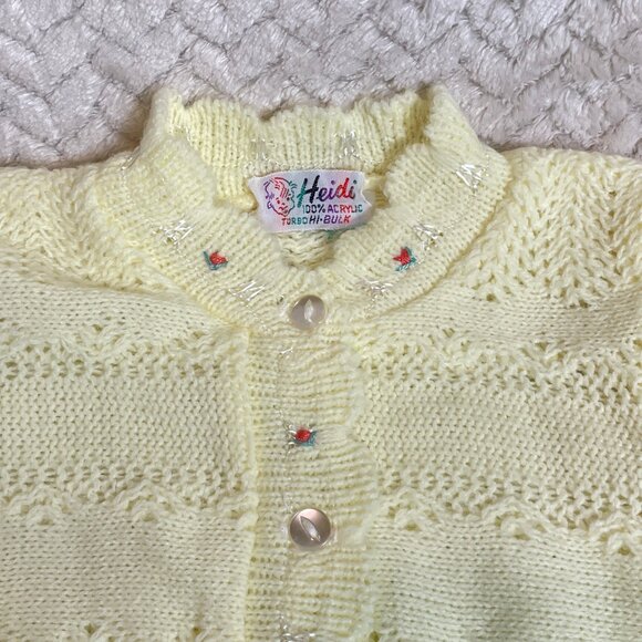 Vintage Heidi Baby Cardigan | Yellow Knit Sweater with Rose Embroidery | Infant - Picture 2 of 8